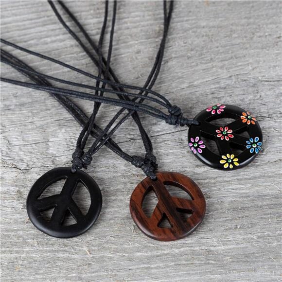 Adjustable Peace Sign Pendant Necklace with Organic Wood - Hippie Accessories - Picture 5 of 7